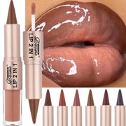 2 In 1 Lip Liner And Gloss Pen Nude Brown Gradient Matte Lip Liner Waterproof Contour Lip Gloss