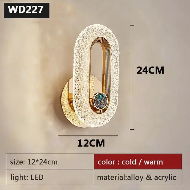Simples Market wall lamp with iron base and crystal acrylic lampshade, warm gold finish, LED, 24cm tall, 12cm wide