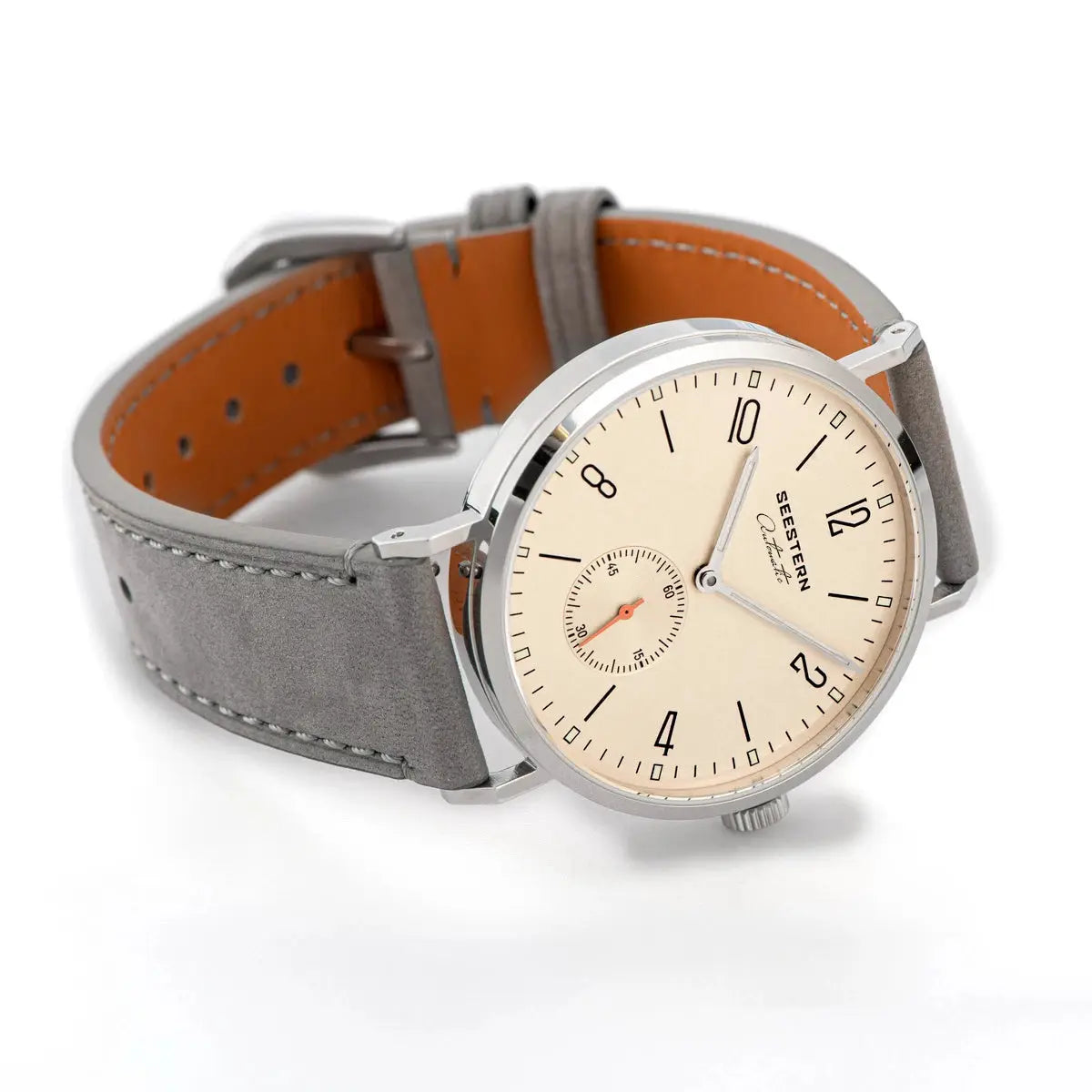 Seestern men's automatic wristwatch with cream dial, silver case, gray suede strap with orange lining