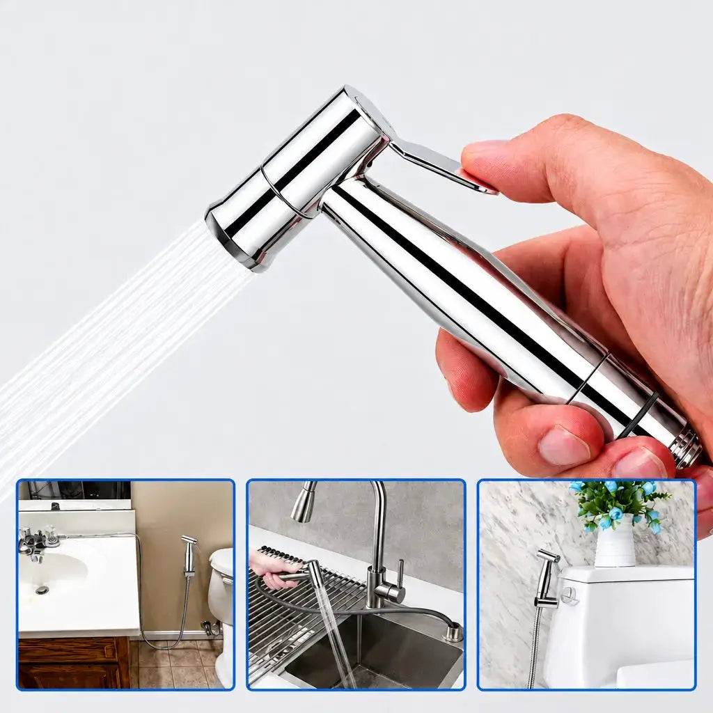 Chrome handheld bidet sprayer nozzle; portable feminine hygiene toilet cleaning accessory