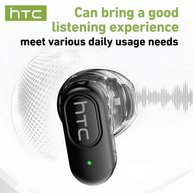 HTC NE51 TWS mini wireless earbud, black with green LED and transparent tip