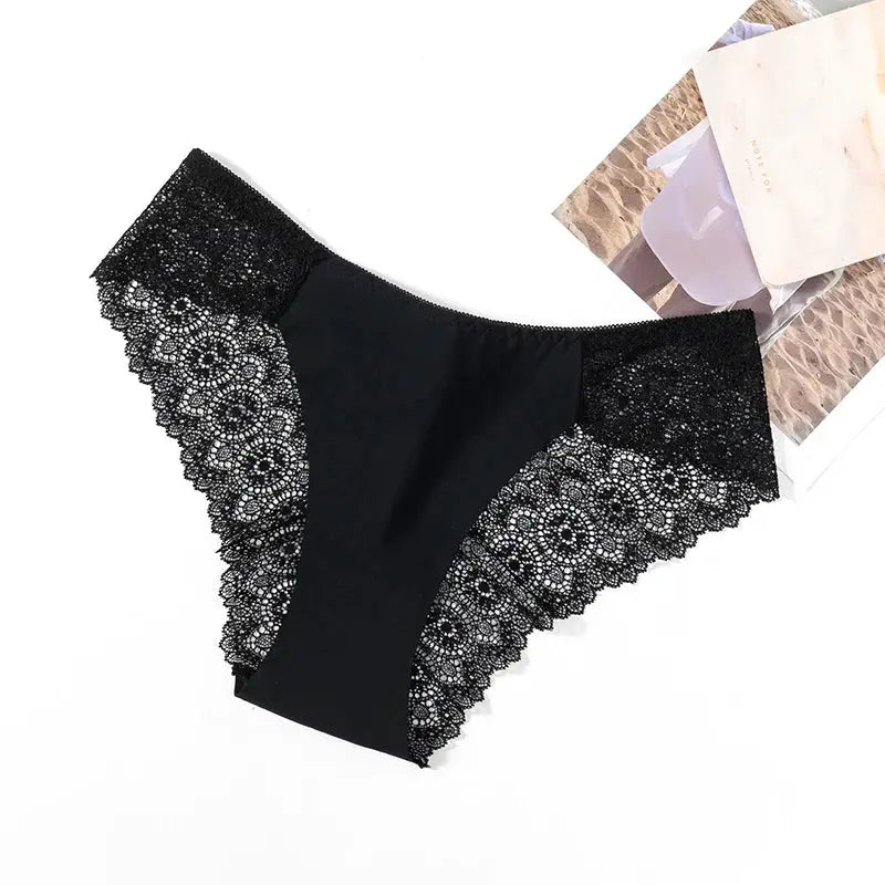 Panties from Simples Market TrowBridge 3-piece set, black lace-trim bikini briefs with silky satin feel