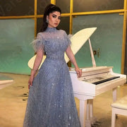 Customized Prom Dress Organza Beaded Feather Draped A Line Long