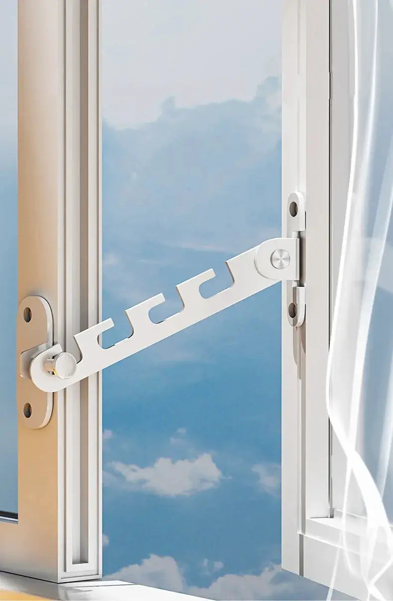 Window safety latch bar, white, adjustable hook-style limiter by Simples Market for childproofing windows