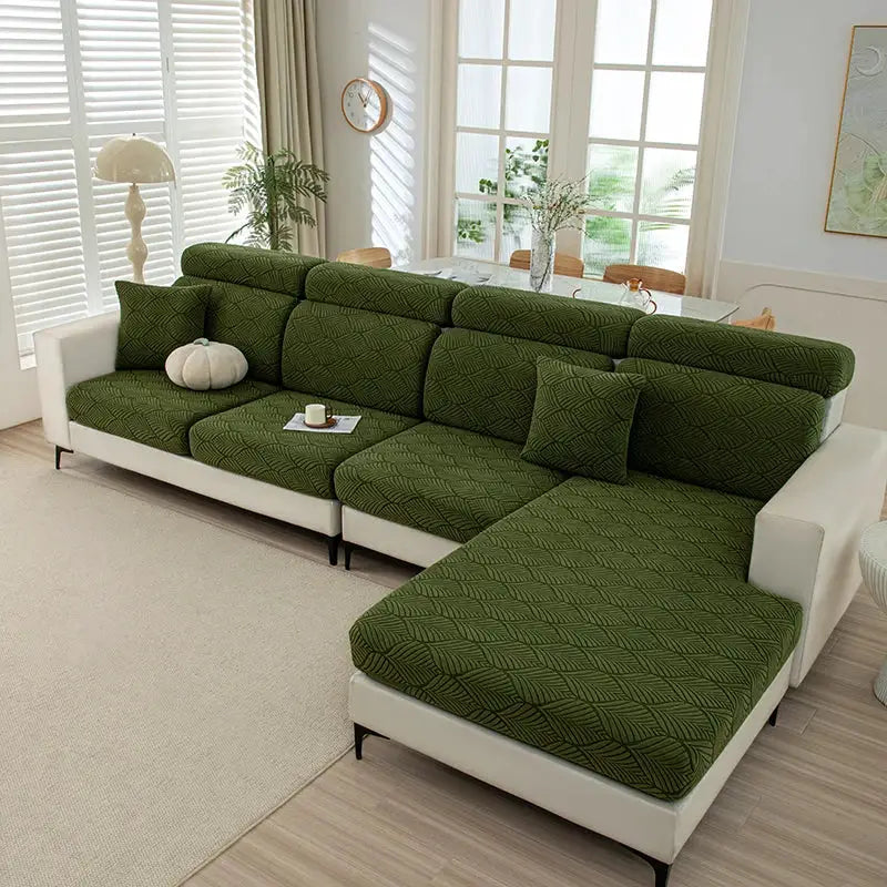 Thick plush sofa cover for L-shaped sofa by Simples Market; olive-green, elastic, removable, protects furniture