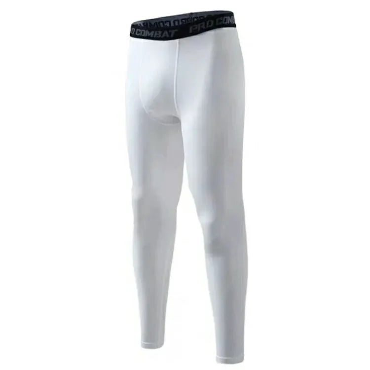White men's compression pants, polyester dry-fit gym leggings