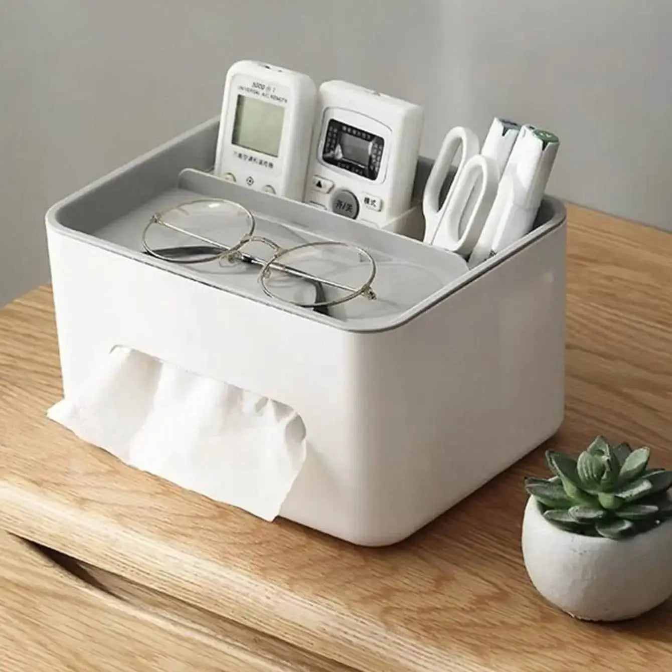 Gray Multifunctional Tissue Storage Box With Extra Compartments For Tissues And Small Essentials For Home Office