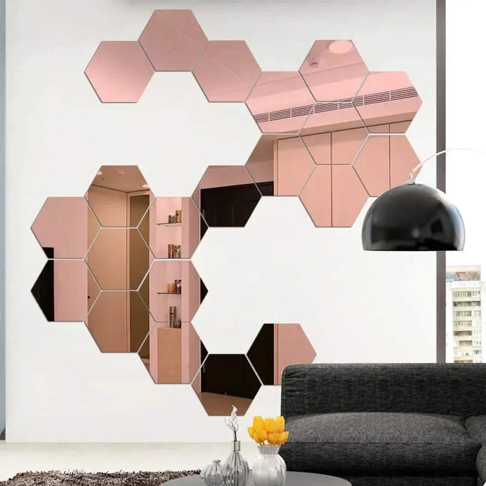 Rose gold hexagon mirror wall decals set, self-adhesive 3D stickers for modern home decor