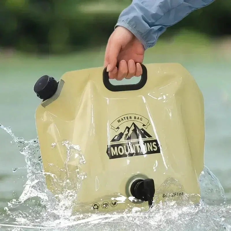 Collapsible water container 5L/10L beige with black handle and spout, Mountains logo