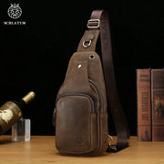 Schlatum genuine leather chest bag in brown with triangle crossbody design and multiple pockets