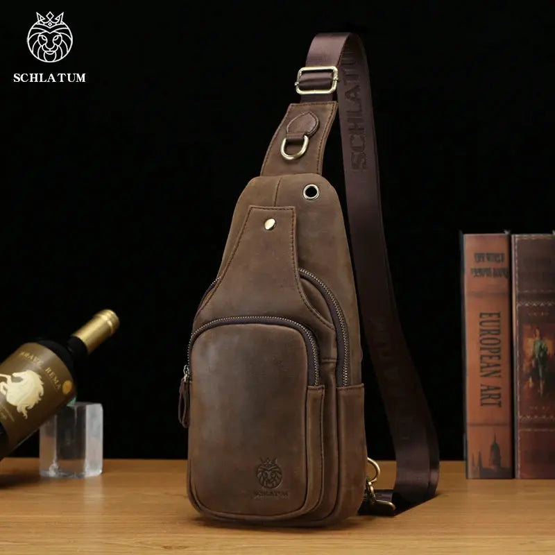 Schlatum genuine leather chest bag in brown with triangle crossbody design and multiple pockets