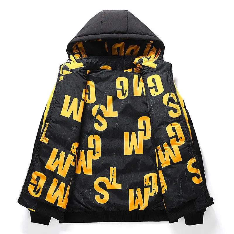 DIMUSI men's padded jacket, black with bold yellow graphic letters all over, hooded, zip-front winter parka