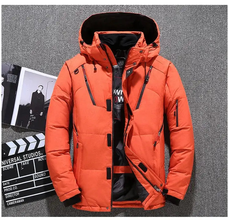 Simples Market men's orange down puffer jacket with hood, zip pockets and black lining