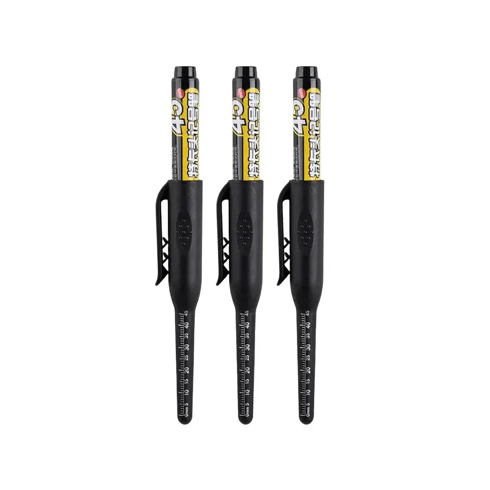 Simples Market 45mm waterproof deep-hole marker pens with long nibs, black bodies, built-in rulers, trio pack