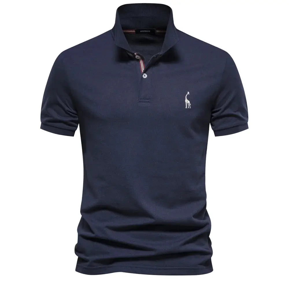 Simples Market navy cotton polo shirt with short sleeves and small white logo on chest