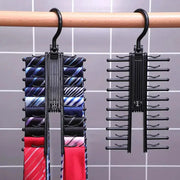 Adjustable tie storage rack by Simples Market, 360° rotating belt/scarf organizer; two black hanging racks.