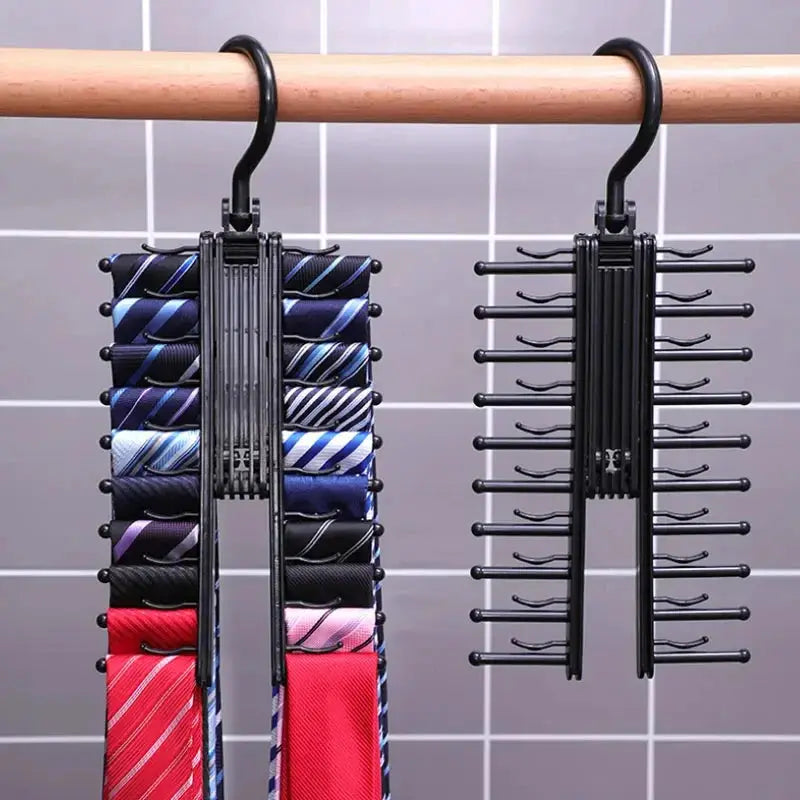 Adjustable tie storage rack by Simples Market, 360° rotating belt/scarf organizer; two black hanging racks.