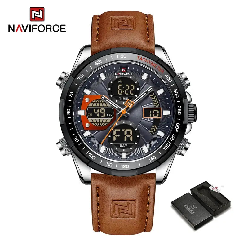 NAVIFORCE men's leather sport watch with brown strap and tachymeter bezel, analog-digital display, box included