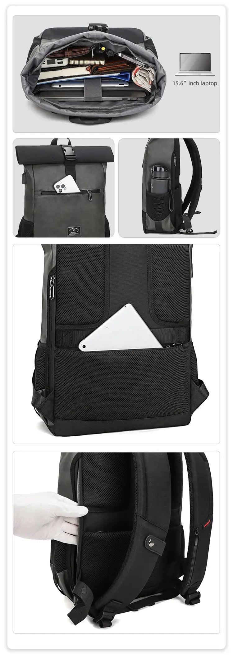 Waterproof PU leather roll-top backpack by Simples Market; fits 15.6-inch laptops, with pocket and padded back/straps.