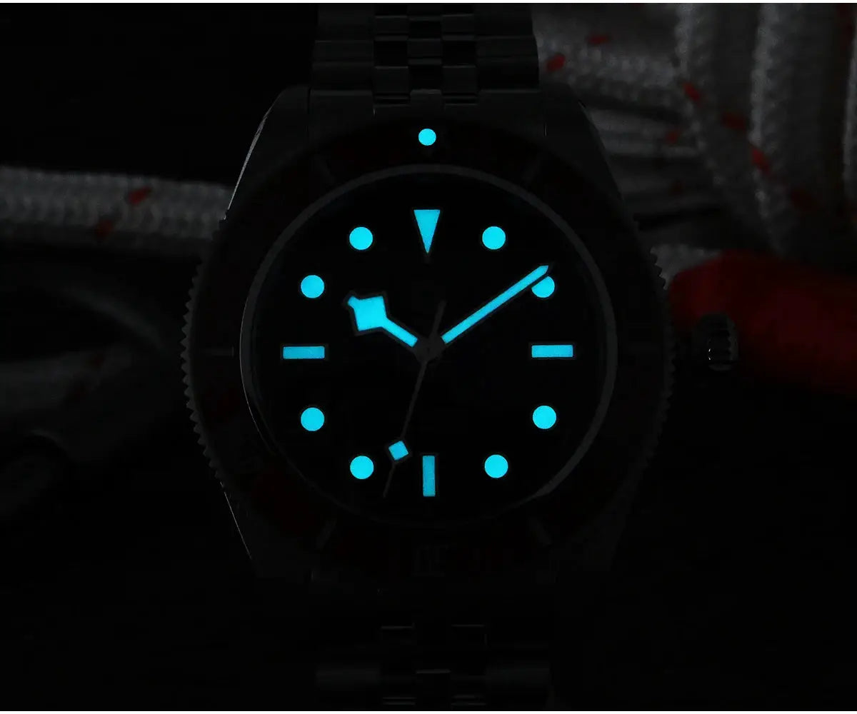 San Martin New 40mm BB Diver Watch, black steel bracelet with luminous blue hands and markers