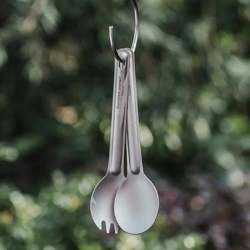 Boundless Voyage titanium cutlery set with reusable spoon and spork, hanging on a ring