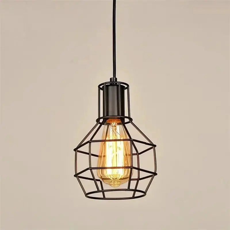 Industrial retro iron cage pendant light with Edison bulb, black metal geometric shade