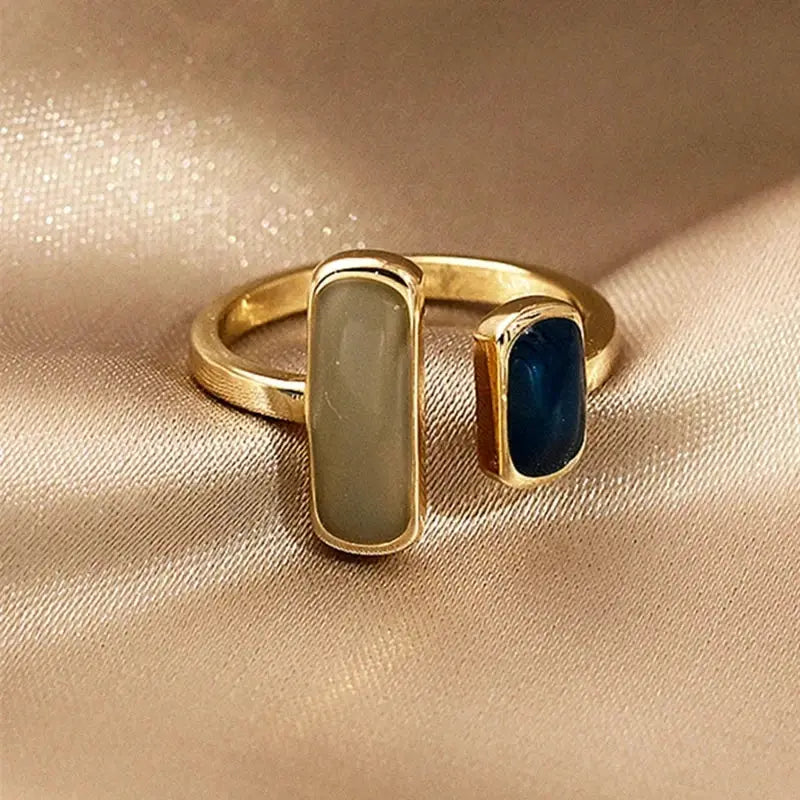 Adjustable Colorful Drip Glaze Ring for Women Retro Geometric Gold Tone Metal Jewelry Wedding Gift