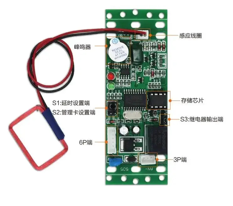 RFID two-way embedded door access control system with dual-sided card reader on a green PCB and red RFID tag