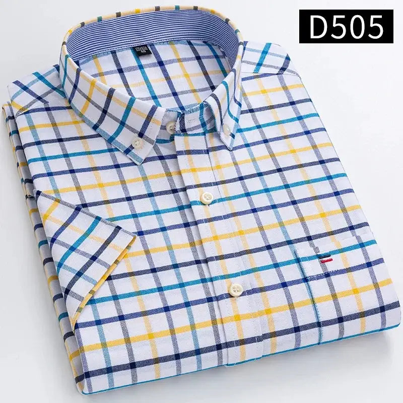 Men's 100% cotton short-sleeve plaid oxford shirt in blue, yellow and white