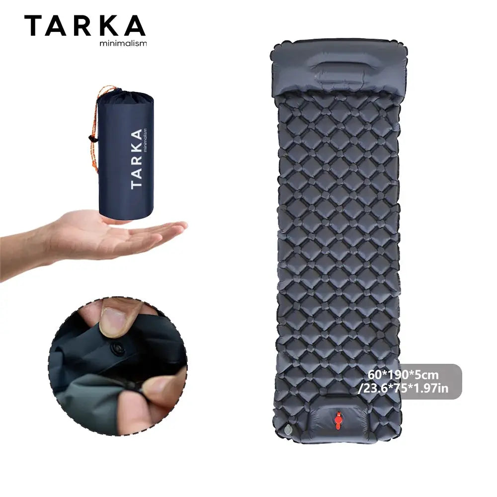 TARKA inflatable camping sleeping pad, gray-blue, self-inflating air cushion with roll-up bag, 60x190x5 cm