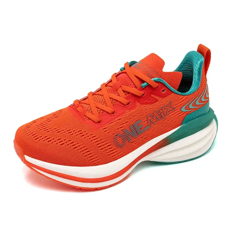 ONEMIX men's running shoes with orange mesh upper, teal lining and air-cushioned white midsole