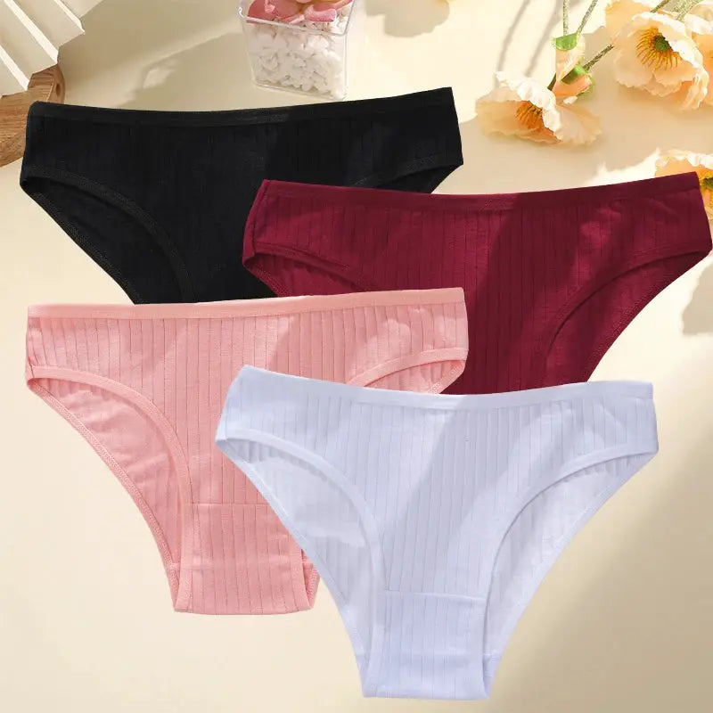 4-piece set of Simples Market women's cotton panties with ribbed stripes in black, burgundy, pink, and light blue