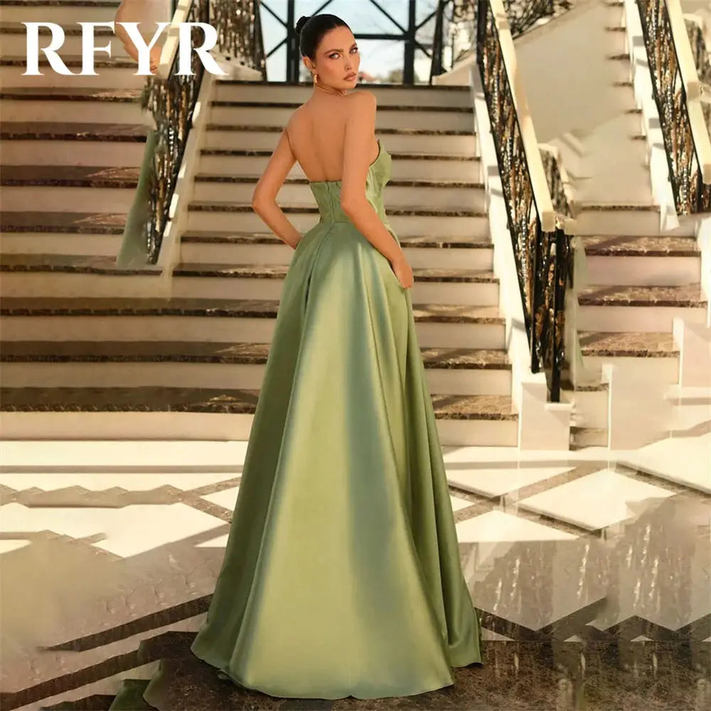 RFYR Green Satin Evening Dress Pleats A Line High Split Prom