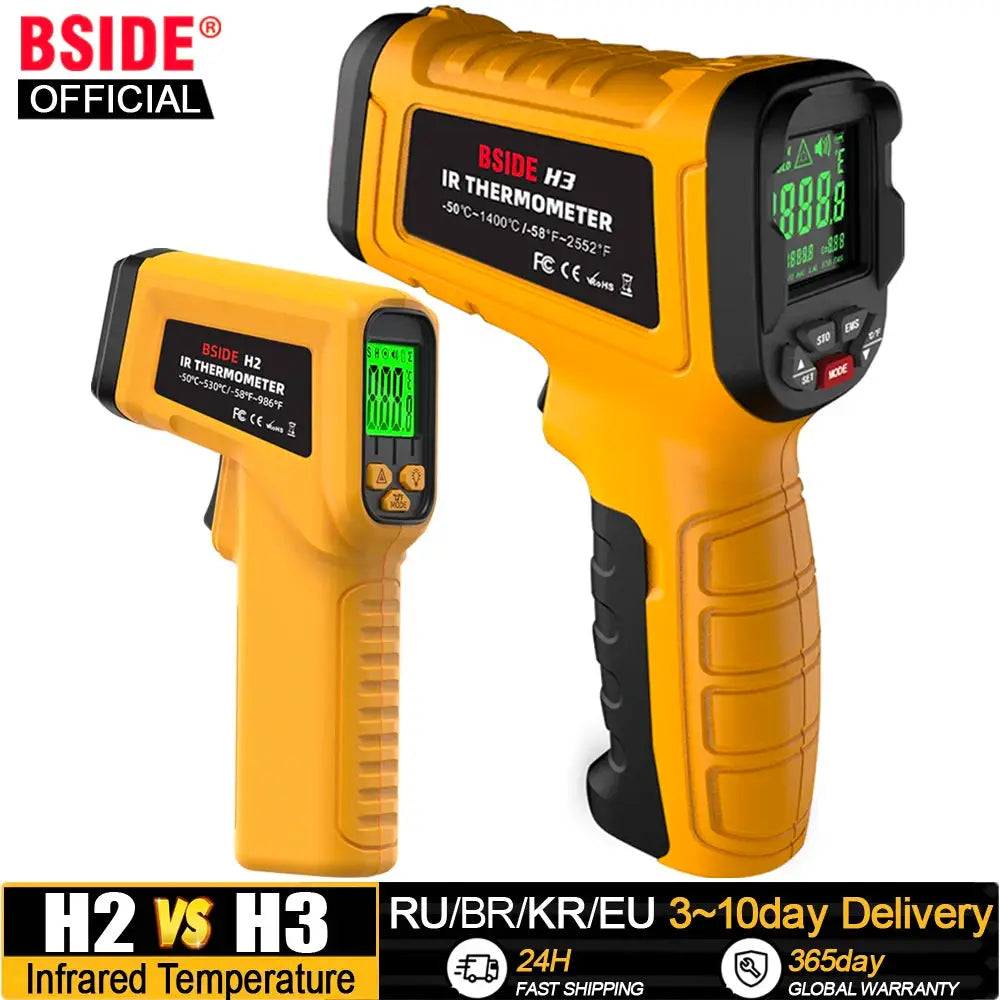 BSIDE infrared thermometer pair in yellow with digital LCD displays; non-contact laser temperature meters