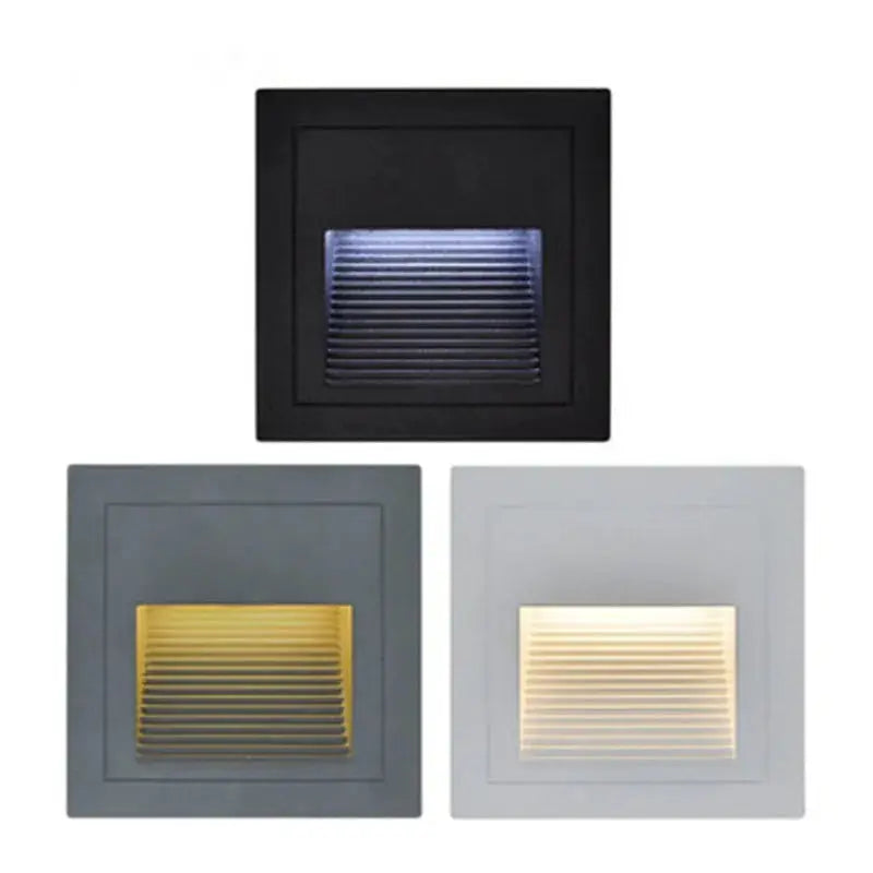 3-pack square LED wall lamps, recessed 5W waterproof stair lights in black, gray, and white frames
