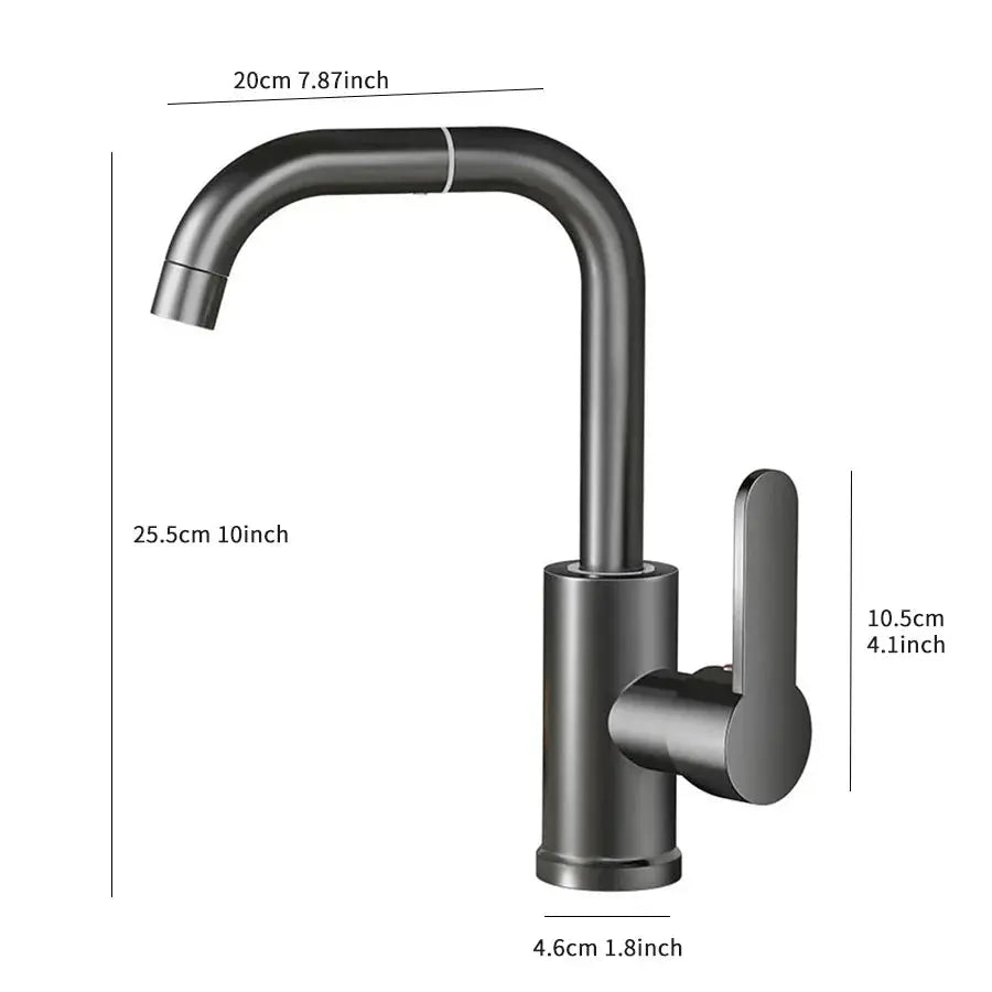Simples Market 360° rotating sink faucet with single lever, brushed stainless finish for kitchen or bathroom sinks.