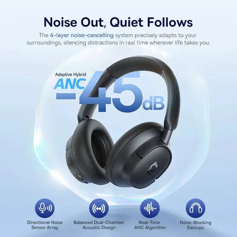 Baseus EH10 NC ANC wireless over-ear headphones, black, 45dB adaptive hybrid ANC