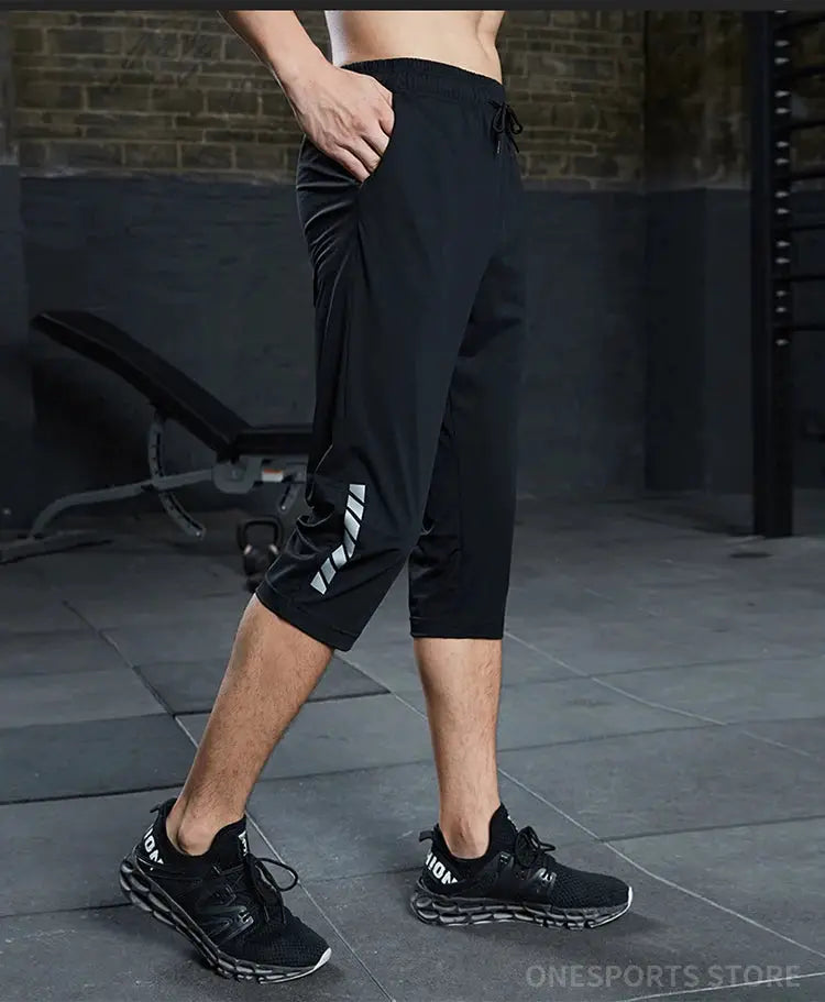 SONECHOKI men's black calf-length running pants with printed stripe, quick-dry athletic bottoms