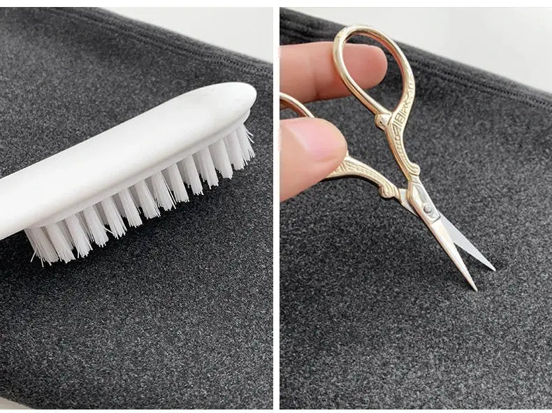 Winter cashmere leggings care kit with white lint brush and gold-handled scissors on dark fabric