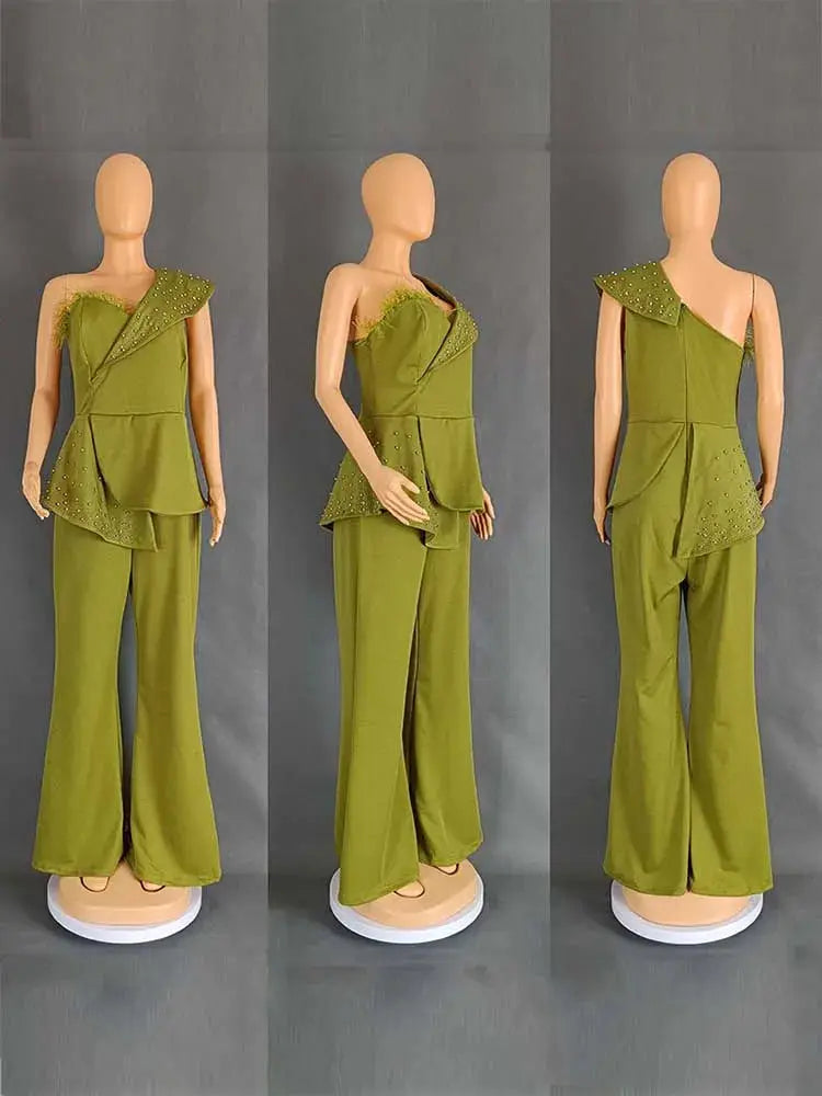 Simples Market olive-green high-waist strapless jumpsuit with rivet-collar and wide-leg pants
