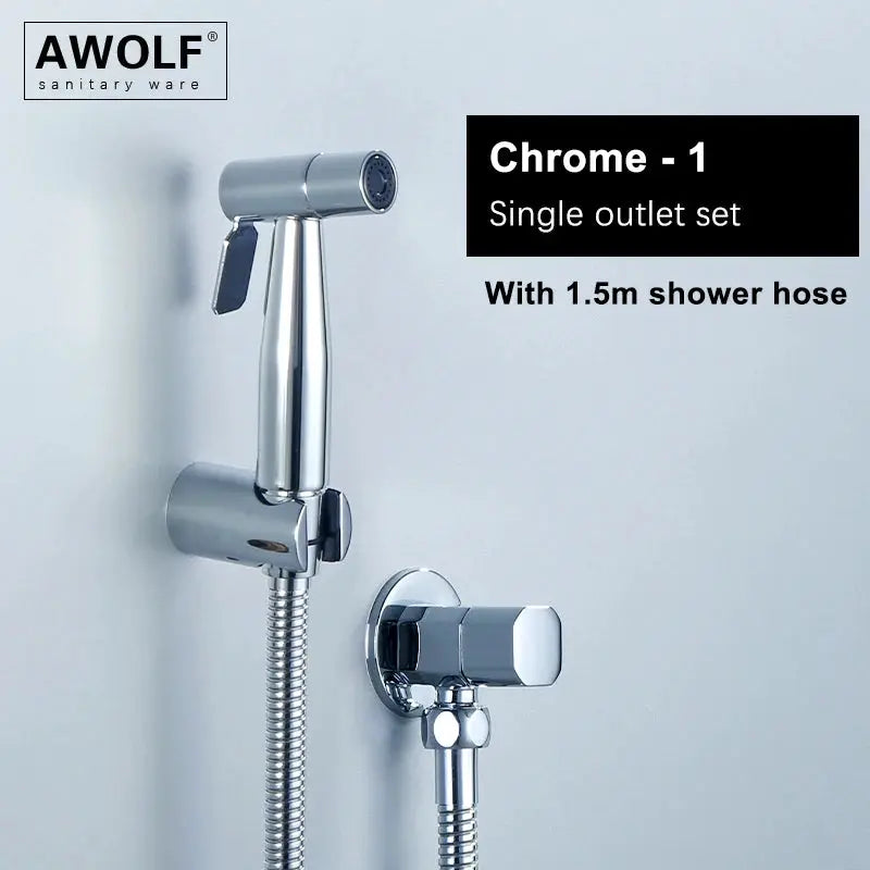 Handheld bidet sprayer, chrome finish, AWOLF, 1.5m hose