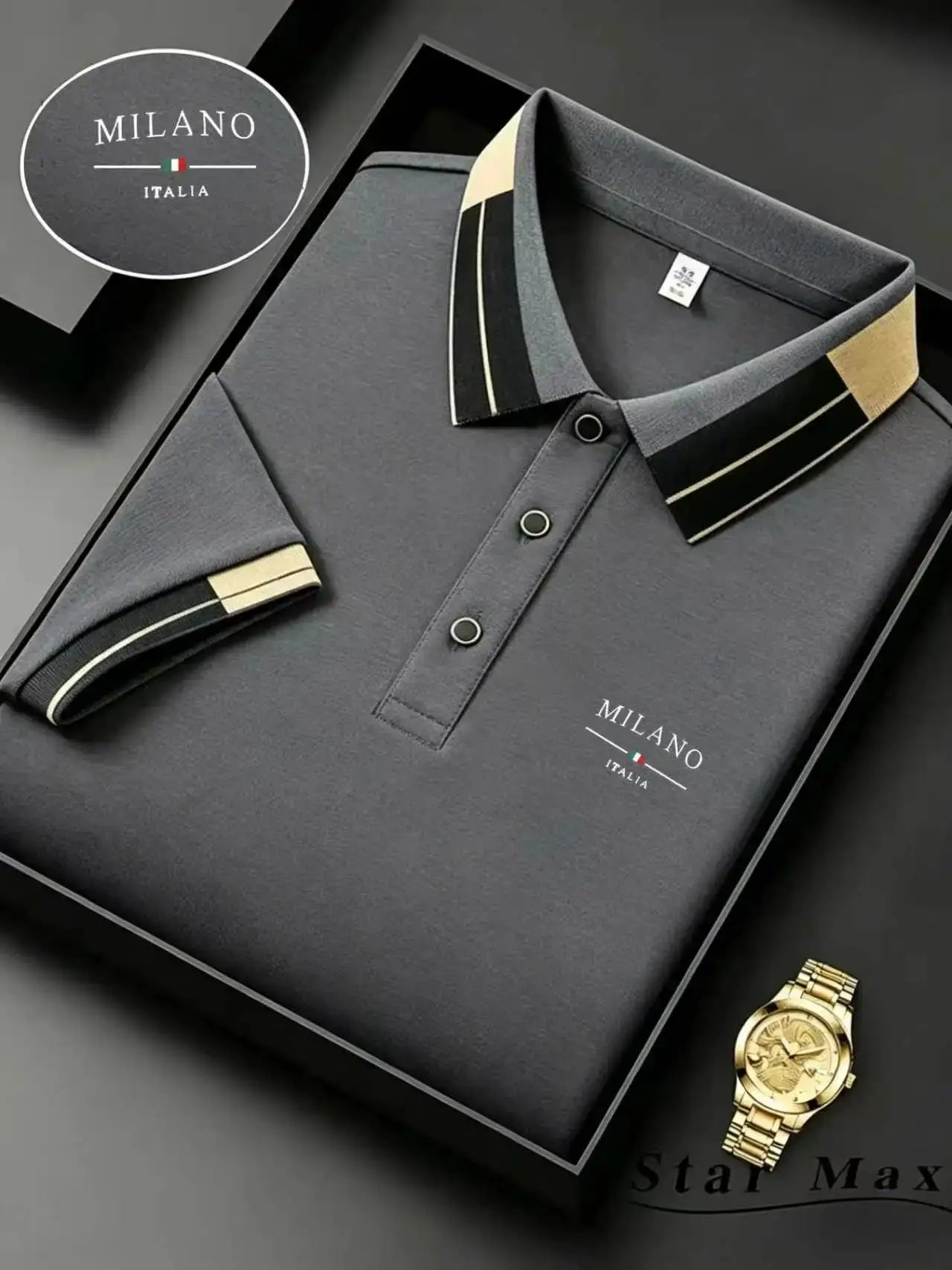 Men's gray polo shirt with beige-black striped collar and cuffs, Milano Italia branding.