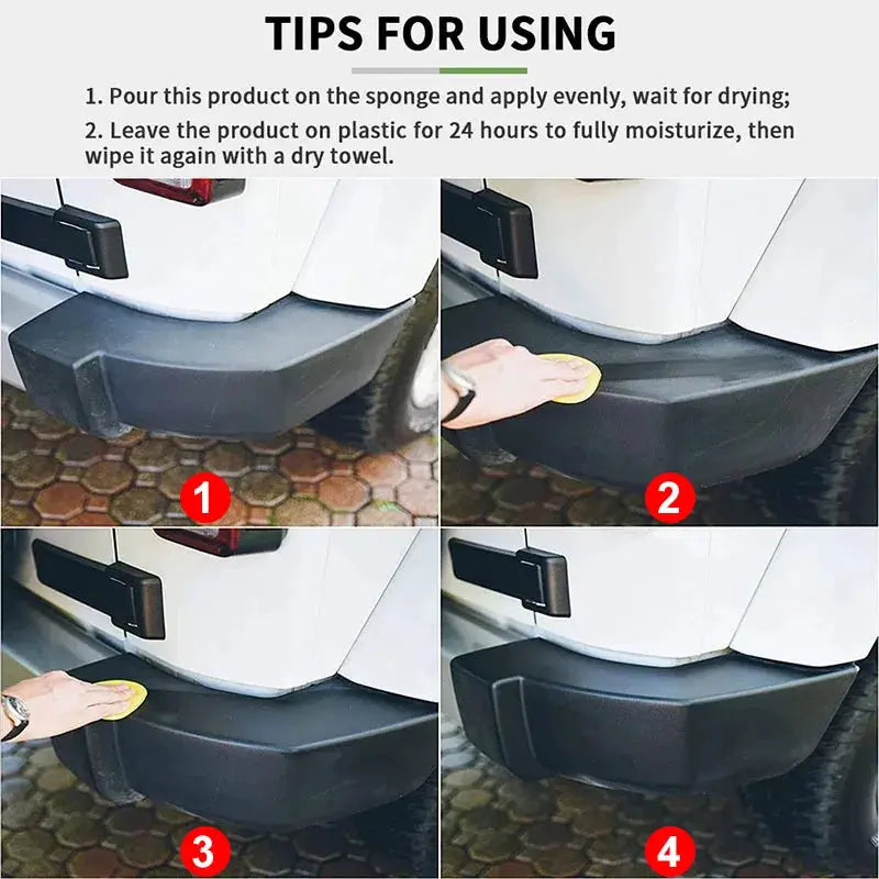 Car plastic restorer four-step guide for glossy black rear bumper trim, step-by-step application