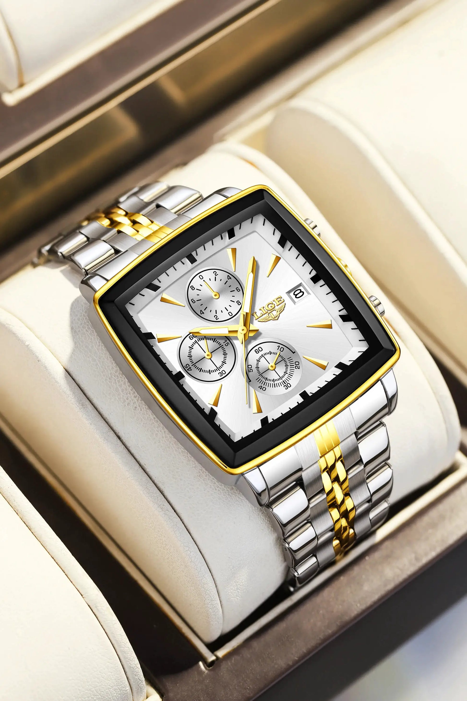 LIGE men's square-dial stainless steel watch with gold-tone bezel, chronograph, date, in box