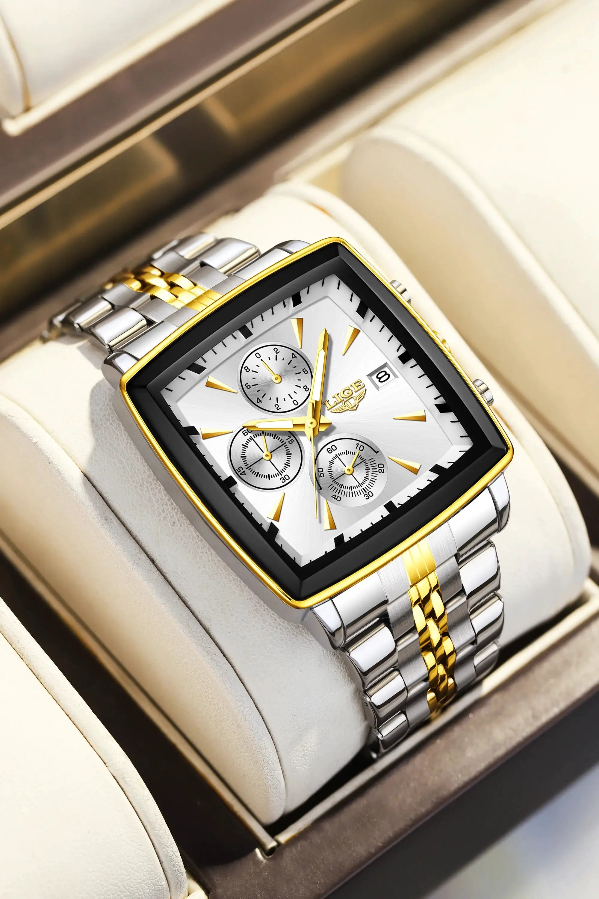 LIGE men's square-dial stainless steel watch with gold-tone bezel, chronograph, date, in box