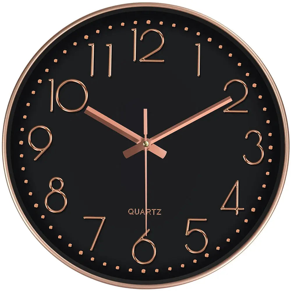 Simples Market wall clock with rose-gold frame and rose-gold 3D numerals on a black dial, quartz movement