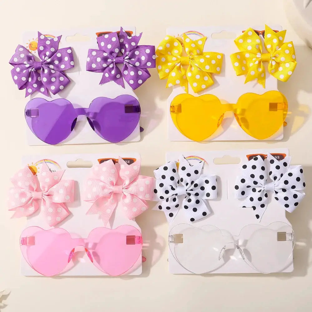 3 Piece Pack Solid Dot Hair Bows Clips For Girls Boutique Bowknot Hair Accessories With Heart Sun Glasses For Kids