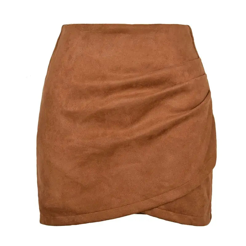 Simples Market suede mini skirt, brown wrap-front with asymmetrical hem