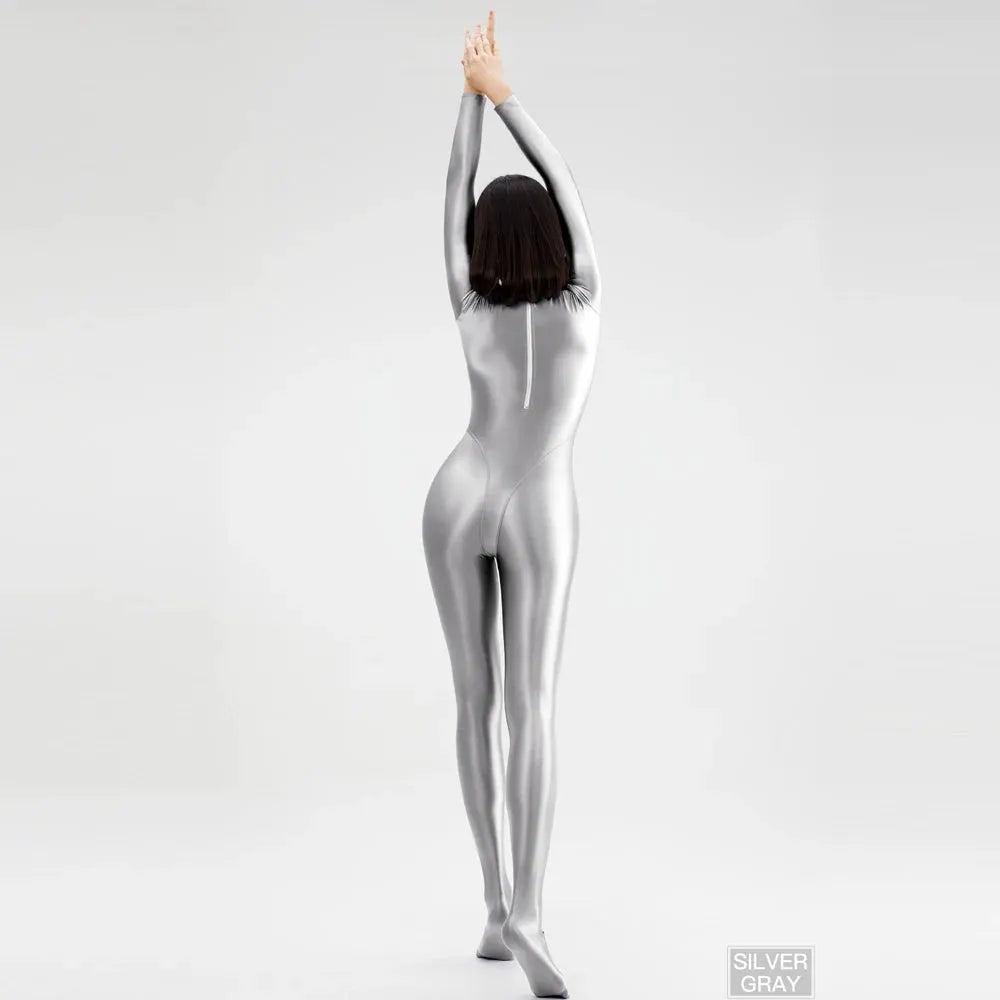 AMORESY silver wetlook catsuit with back zipper, fullbody Zentai jumpsuit