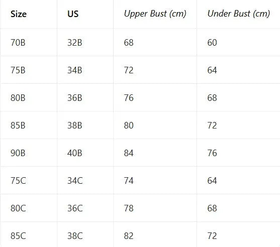 Women's lace bra with patterned engraved cups, underwire push-up by Simples Market; size chart with US bust measures.